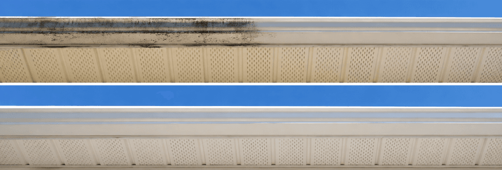 Gutter against blue sky before and after brightening, with heavy black oxidation on top and a bright white finish below