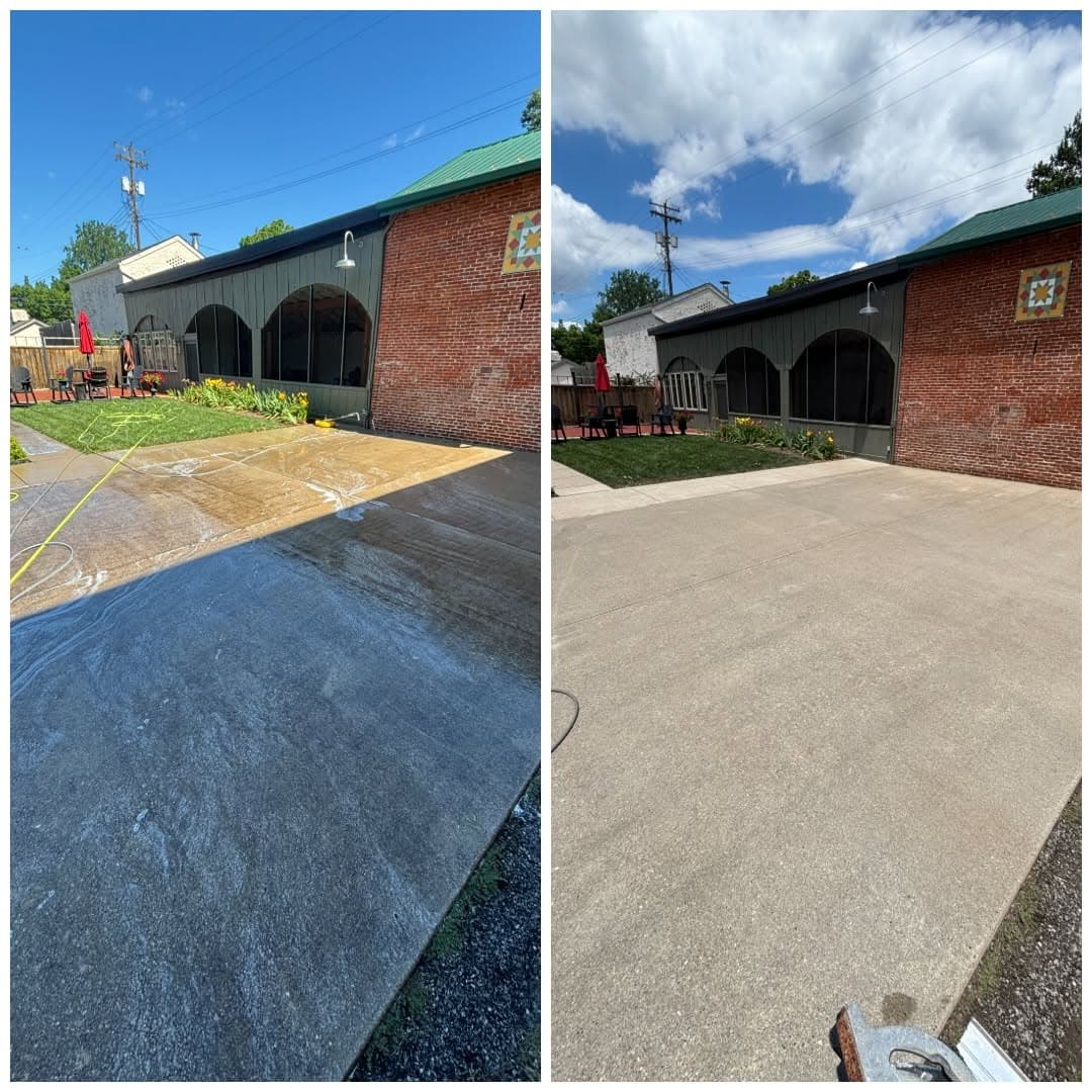 Colored concrete drive before and after cleaning